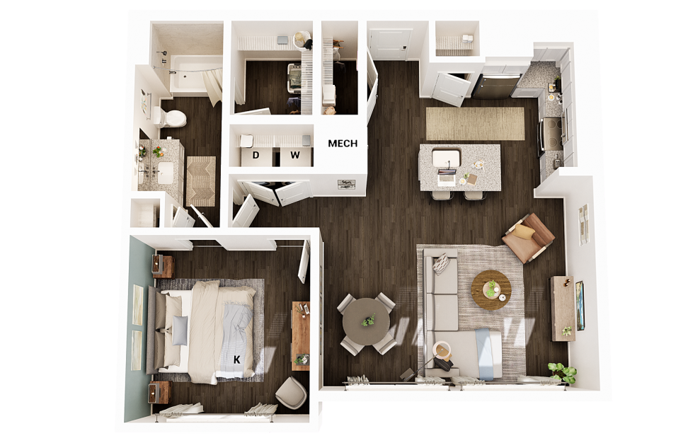 A1 - 1 bedroom floorplan layout with 1 bath and 830 square feet. (3D)