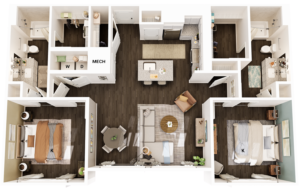 B1 - 2 bedroom floorplan layout with 2 bathrooms and 1174 square feet (2 Bedroom Layout
, 3D)