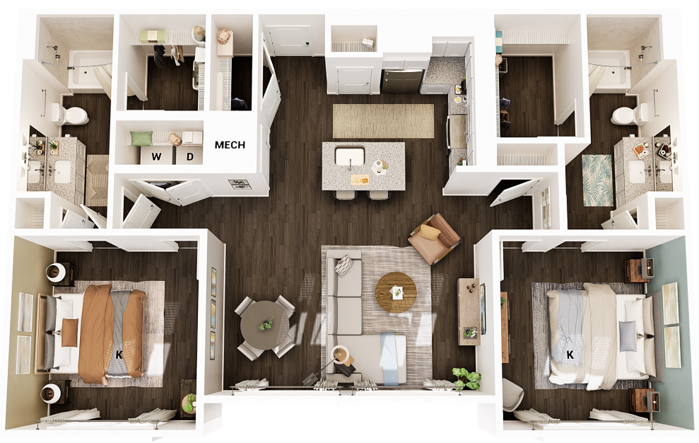 B1 - 2 bedroom floorplan layout with 2 baths and 1174 square feet. (2 Bedroom Layout / 3D)