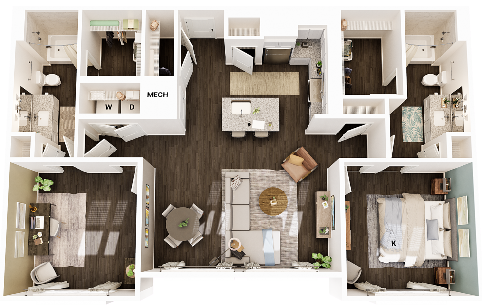 B1 - 2 bedroom floorplan layout with 2 baths and 1174 square feet. (Office Layout / 3D)