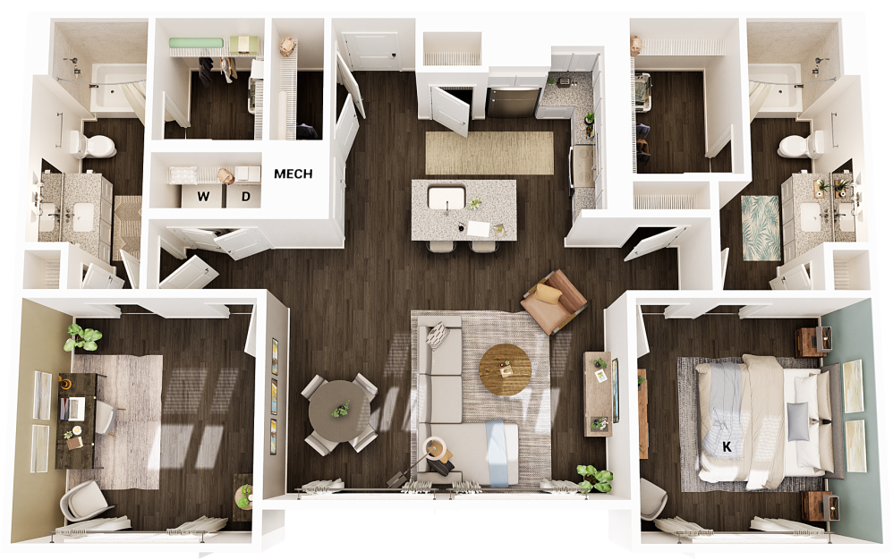 B1 - 2 bedroom floorplan layout with 2 bathrooms and 1174 square feet (Office Layout , 3D)